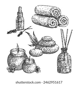 Spa-Set handgezeichnet. Therapiebehandlung, Massagefrau, Body Health Spa Vektorgrafik Skizze. Isolierte schwarze Illustration