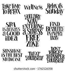 SPA set. Hand-drawn lettering quote for SPA, Wellness center, Wellbeing concept. Typography for social media, posters, web design element. Vector black lettering set isolated on white background.