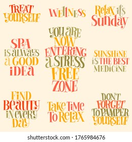 SPA set. Hand-drawn lettering quote for SPA, Wellness center, Wellbeing concept. Typography for merchandise, social media, magazines, interior, home decoration, posters, web design element. 