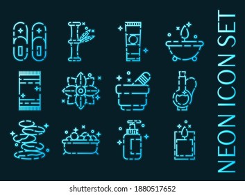 Iconos del conjunto de SPA. Estilo neón azul brillante.
