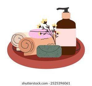 El spa coloca una botella de loción, dos toallas enrolladas, jabón y flores decorativas en una bandeja. Ideal para temas de bienestar, relajación, higiene y cuidado natural de la piel. Ilustración vectorial