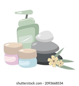 Spa set of natural cosmetics. Composition with accessories for home spa treatments. Creams, oils, massage stones and a sprig of vanilla. Products for baths and saunas. Isolated vector flat style.