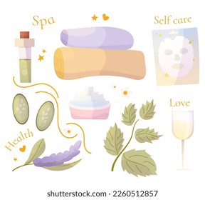 Spa set, self-care, relaxation, face mask, glass of wine, skin care products, love yourself, vector hand drawn illustration