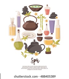 Spa set, towel, aromatic oils, lotions. Spa symbols cartoon decorative icons. Aroma candles isolated vector illustration spa symbols and body wellness spa symbols natural treatment element.
