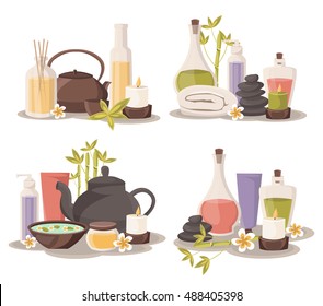 Spa set, towel, aromatic oils, lotions. Spa symbols cartoon decorative icons. Aroma candles isolated vector illustration spa symbols and body wellness spa symbols natural treatment element.
