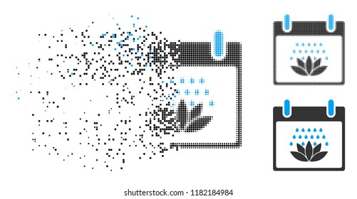 Spa shower calendar day icon in dispersed, dotted halftone and undamaged versions. Pixels are composed into vector dispersed spa shower calendar day icon.