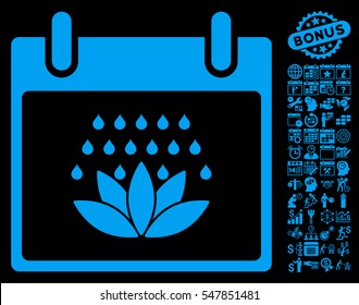 Spa Shower Calendar Day icon with bonus calendar and time management pictograms. Vector illustration style is flat iconic symbols, blue, black background.