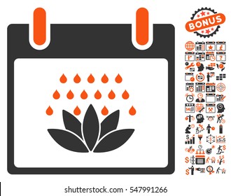 Spa Shower Calendar Day icon with bonus calendar and time management icon set. Vector illustration style is flat iconic symbols, orange and gray, white background.
