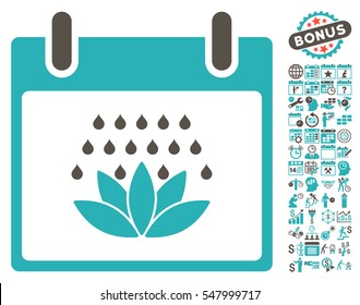 Spa Shower Calendar Day icon with bonus calendar and time management pictograms. Vector illustration style is flat iconic symbols, grey and cyan, white background.
