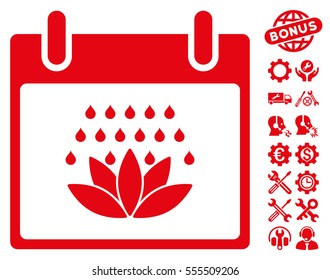 Spa Shower Calendar Day pictograph with bonus service pictograms. Vector illustration style is flat iconic symbols, red, white background.