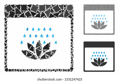 Spa shower calendar page composition of raggy items in variable sizes and color tints, based on spa shower calendar page icon. Vector bumpy pieces are composed into collage.