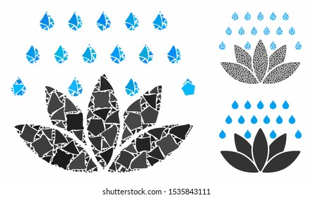 Spa shower composition of abrupt pieces in variable sizes and color tints, based on spa shower icon. Vector ragged pieces are grouped into collage. Spa shower icons collage with dotted pattern.