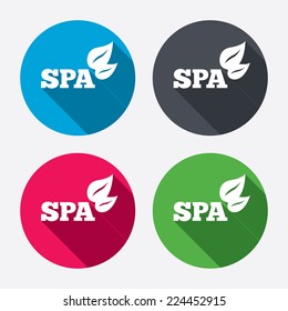 Spa sign icon. Spa leaves symbol. Circle buttons with long shadow. 4 icons set. Vector