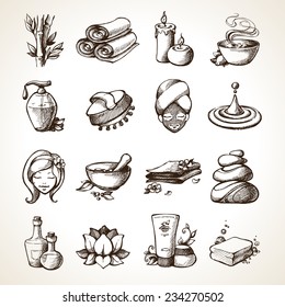 Spa Sketch Decorative Icons Set With Bamboo Towels Aroma Candles Isolated Vector Illustration