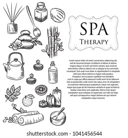 Spa sketch icon set. Beauty vintage hand drawn illustrations. Health and beauty objects. Creative flyer template