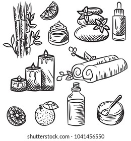 Spa sketch icon set. Beauty vintage hand drawn illustrations. Health and beauty objects. Creative flyer template