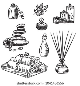 Spa sketch icon set. Beauty vintage hand drawn illustrations. Health and beauty objects. Creative flyer template