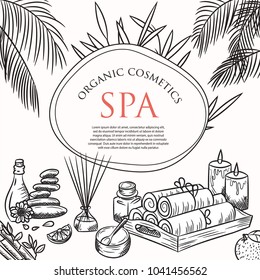 Spa sketch icon set. Beauty vintage hand drawn illustrations. Health and beauty objects. Creative flyer template