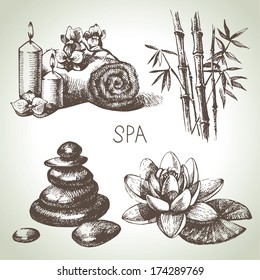 Spa sketch icon set. Beauty vintage hand drawn illustrations