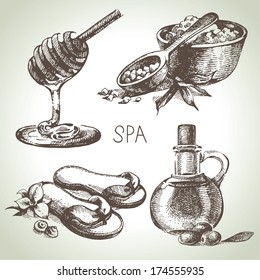 Spa sketch icon set. Beauty vintage hand drawn illustrations	