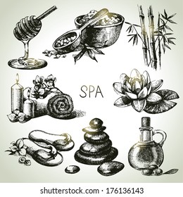 Spa sketch icon set. Beauty vintage hand drawn illustrations