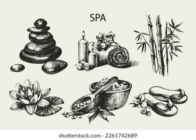 Spa-Skizze-Symbol-Set. Beauty Vintage handgezeichnete Illustrationen