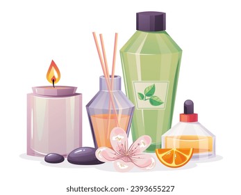 Spa skin care beauty cosmetic advertising packaging concept. Vector cartoon graphic design element illustration
