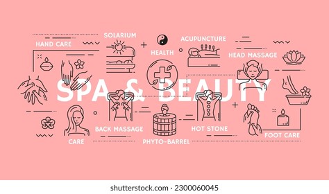 Spa skin care icon, beauty and health therapy. Vector line face and body massage, hair care, sauna and aromatherapy cosmetics. Towel, candle and flowers, relax bath, solarium, acupuncture treatments