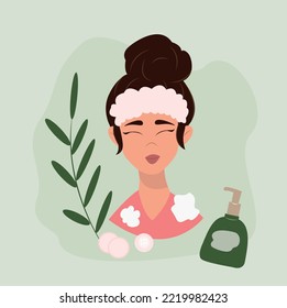 Spa skin care products for skin and hair beauty. vector illustrations of cosmetic jars, tubes and bottles. cartoon lotion face wash and leaves isolated on white. girl and care ha care .icon with cosme