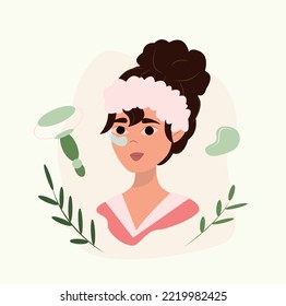 Spa skin care products for skin and hair beauty. vector illustrations of cosmetic jars, tubes and bottles. cartoon lotion face wash and leaves isolated on white. girl and care ha care .icon with cosme