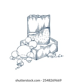 Spa soap handmade hand drawn Isolated vector illustration. Sketch template for card design, packaging, cosmetics, medicine, treating, aromatherapy, package design healthcare decor. Engraving style
