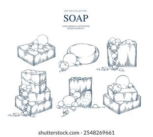 Spa soap set handmade hand drawn Isolated vector illustration. Sketch template for card design, packaging, cosmetics, medicine, treating, aromatherapy, healthcare decor. Engraving style collection