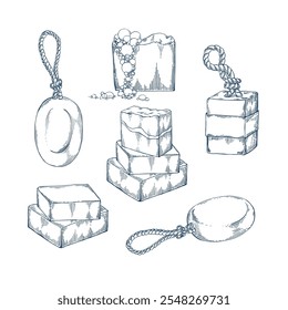 Spa soap set handmade hand drawn Isolated vector illustration. Sketch template for card design, packaging, cosmetics, medicine, treating, aromatherapy, healthcare decor. Engraving style collection