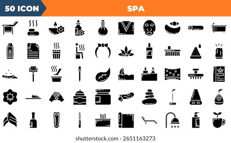 Spa Solid Editable Icons set. Ilustração vetorial em estilo sólido fino moderno de ícones de spa: massagem, ioga, spa, relaxamento, etc