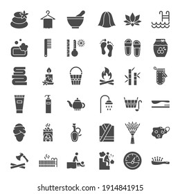 Spa Solid Web Icons. Vector Set of Sauna Glyphs.