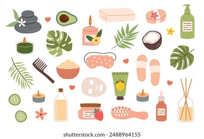 Spa sticker set. Vector doodle set of home spa