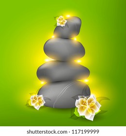 Spa still life with frangipani flower, vector Eps10 illustration. vector strict, business background with black stones