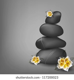 Spa still life with frangipani flower, vector Eps10 illustration. vector strict, business background with black stones