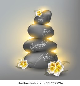Spa still life with frangipani flower, vector Eps10 illustration. vector strict, business background with black stones A time to gather stones, and then to scatter them
