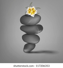 Spa still life with frangipani flower, vector Eps10 illustration. vector strict, business background with black stones A time to gather stones, and then to scatter them