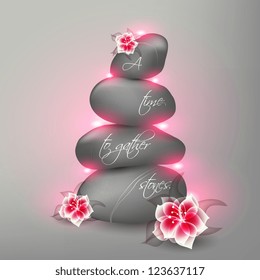 Spa still life with frangipani flower, vector  illustration. vector strict, business background with black stones A time to gather stones, and then to scatter them