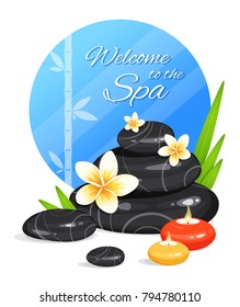 Spa still life with stack of stones, burning aroma candles, bamboo leafs and frangipani flowers. Zen Garden. Harmony and balance. Vector illustration