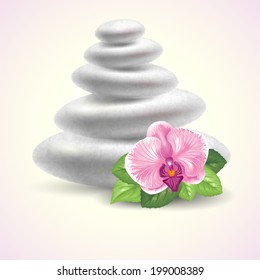 Spa still life with stones and orchid flower. Vector illustration.