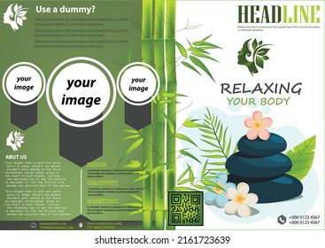 Spa stone and bamboo brochure design salon banner template set. Vector illustration. , bamboo stalks and leaves,and flowers. Spa beauty treatments and relaxationFlyer for use in beauty salons and spas