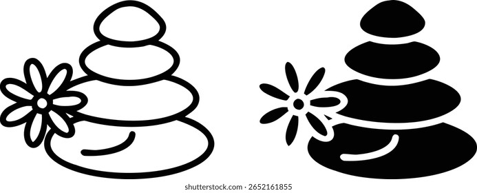 Vector de icono de piedra de spa con flor: símbolo zen blanco y negro para relajación y bienestar