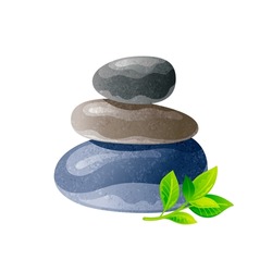 Spa Stone. Zen Rock Vector. Massage Isolated. Black Stack. Pebble Balance Icon On White Background With Bambo Leaf. Relax Smooth Hot Spa Stones. Realistic Stability Zen Rock Beauty. Wellness Concept