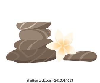 Spa stone. Zen rock vector. Massage isolated. Black stack. Pebble balance icon on white background with bambo leaf. Relax smooth hot Spa stones. Realistic stability zen rock beauty. Wellness concept