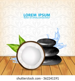 Spa stones with coconut and splashing water. Spa concept. Vector background. EPS10 vector