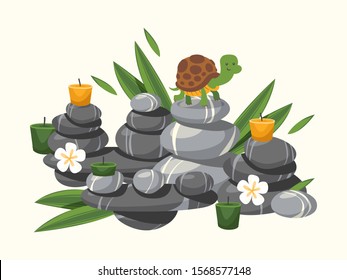 Spa stones composition with candles and flowers, vector illustration. Healthcare center decoration, pebble stones. Little turtle cartoon character. Oriental wellness resort, spa salon poster design