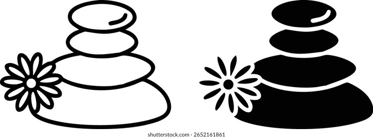 Pedras de Spa com conjunto de ícone de flor - Preto e branco Zen Balance Rock Vetor para o bem-estar e relaxamento